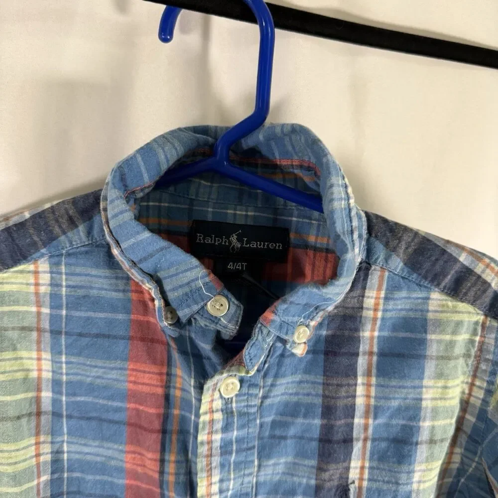 Ralph Lauren Casual Button Up Shirt Boys 4T Blue Plaid Short Sleeve Collared